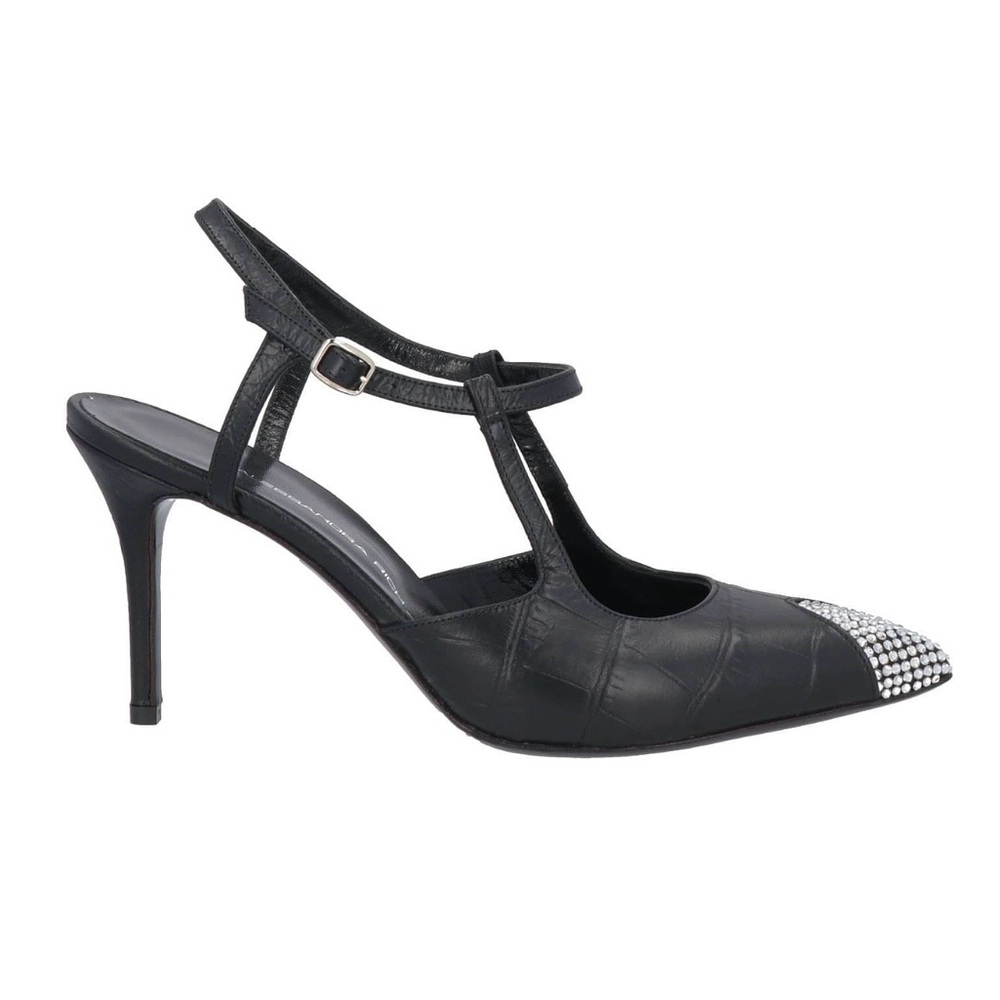 Alessandra Rich Black T-Strap Pointed Toe Slingback Heels size 37- 37,5